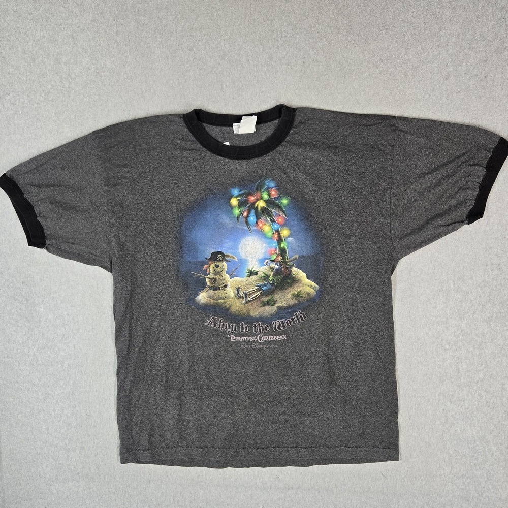 VINTAGE Walt Disney World Men Shirt 2XL Gray Ringer Pirates Of The Caribbean
